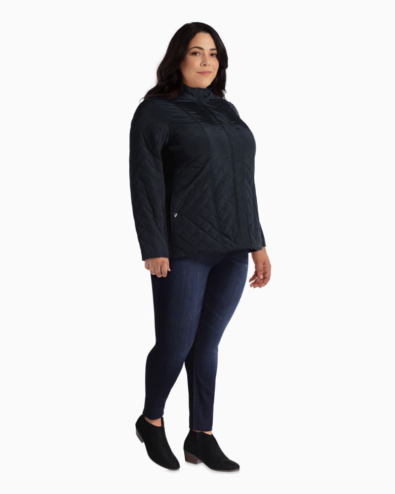 Plus size model with rectangle body shape wearing Abelia Quilted Jacket by Molly&Isadora | Dia&Co | dia_product_style_image_id:112792